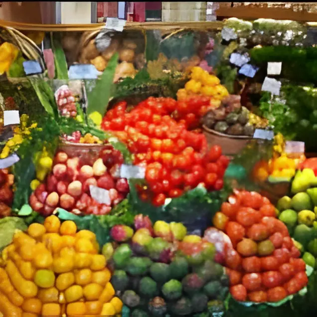 Colorful fruit display with various fruits.