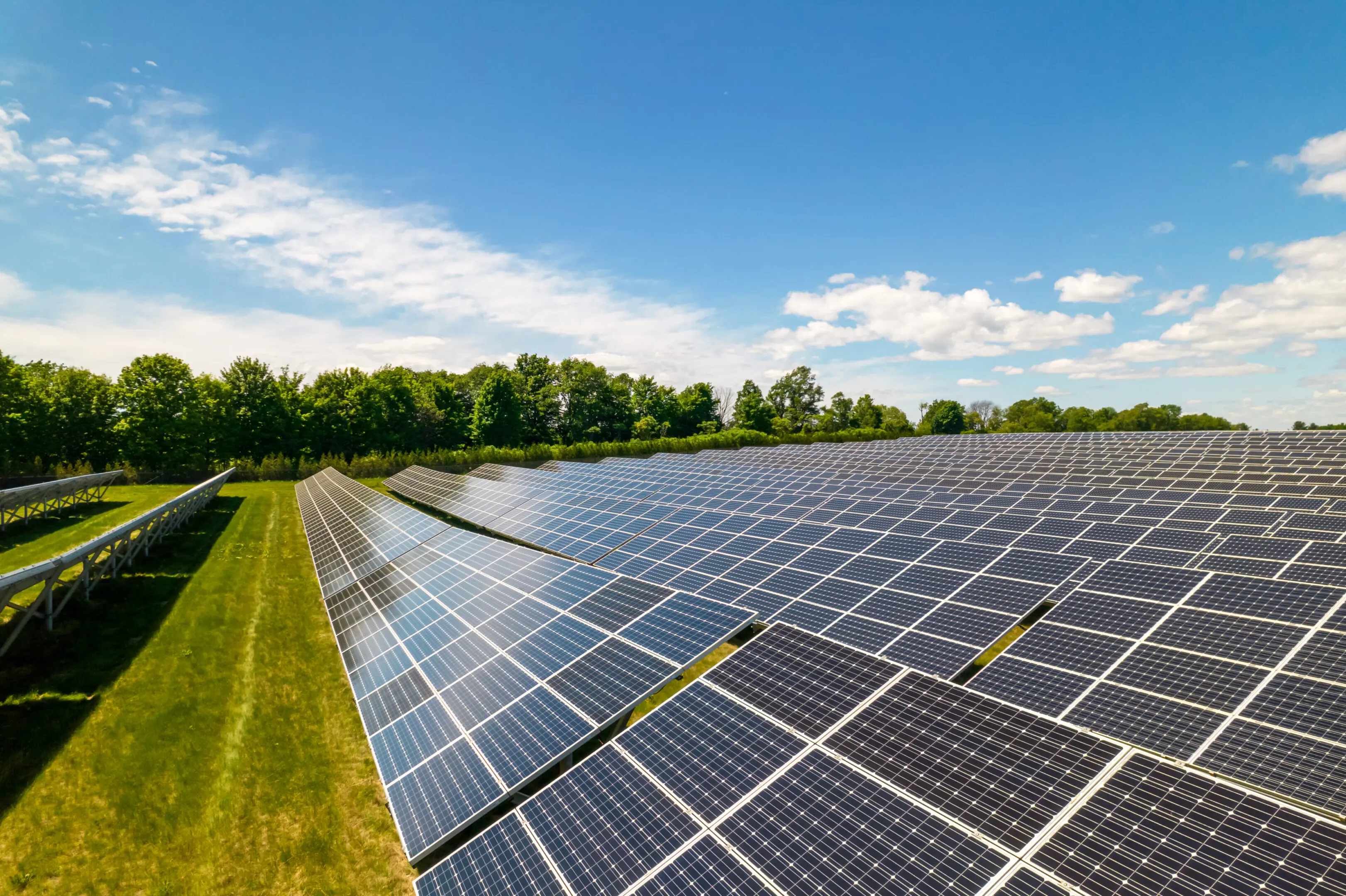 Solar panels in a sunny field landscape.