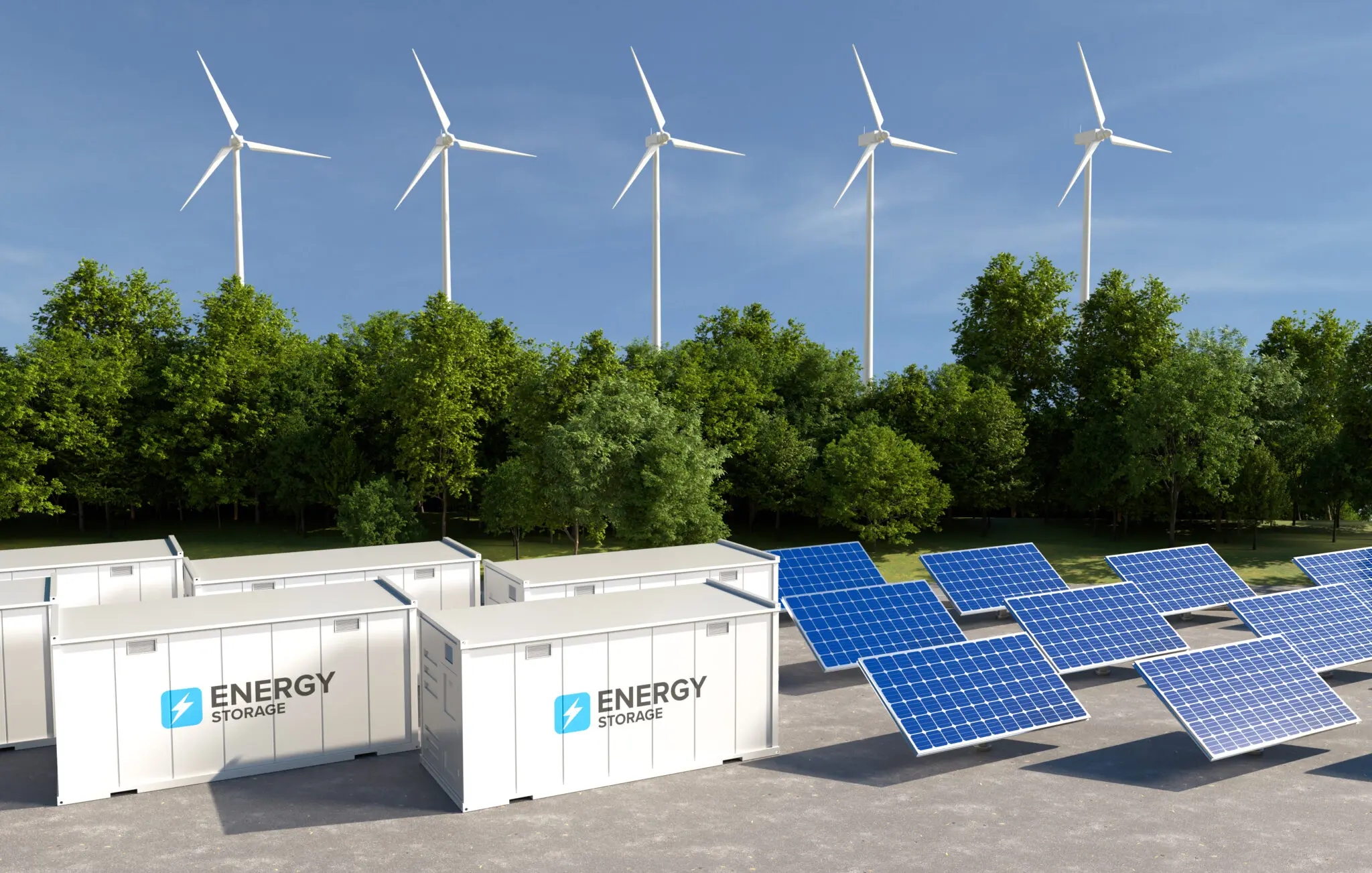 Wind turbines, solar panels, and energy storage units.
