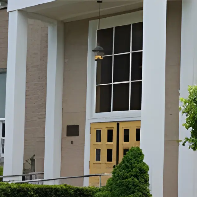 Building entrance with yellow doors and greenery.