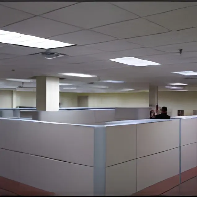Office cubicles with fluorescent lighting overhead.