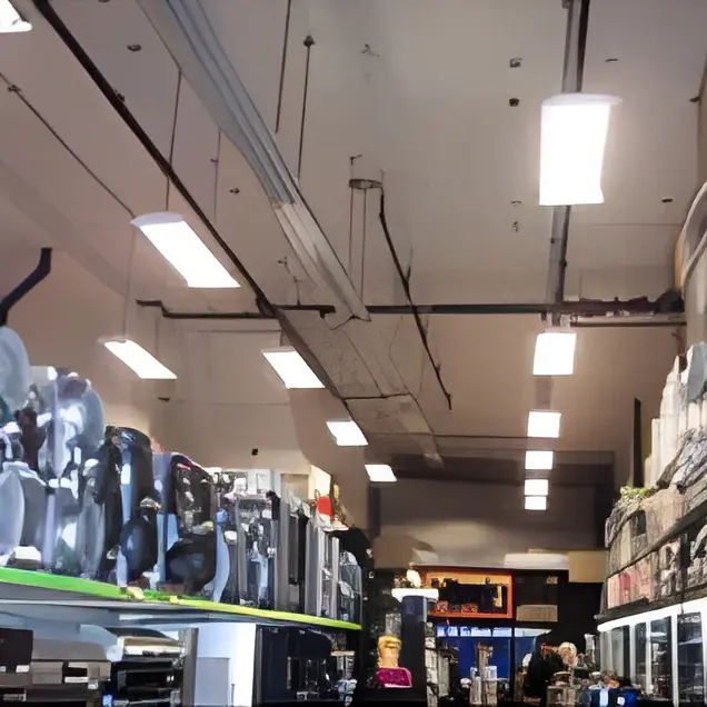 Store interior with appliances and ceiling lights.