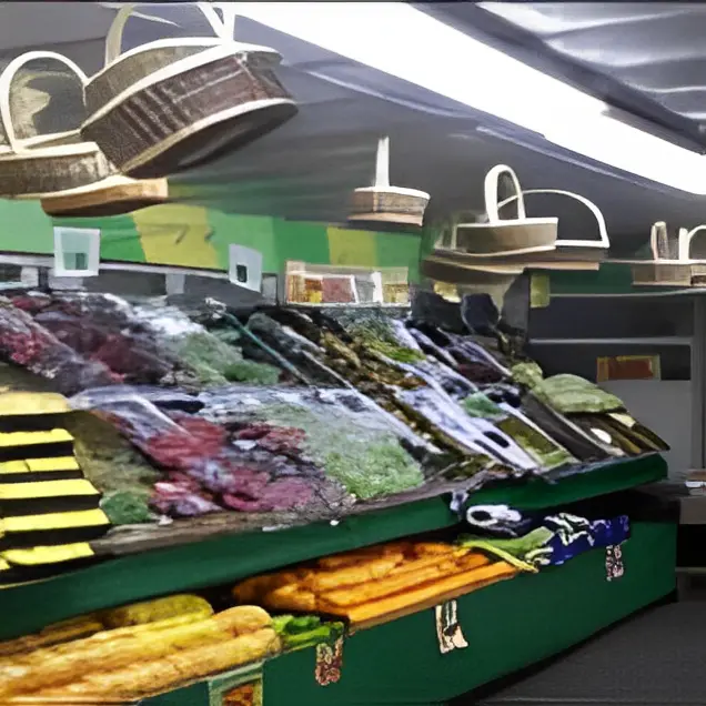 Supermarket produce section with hanging baskets.