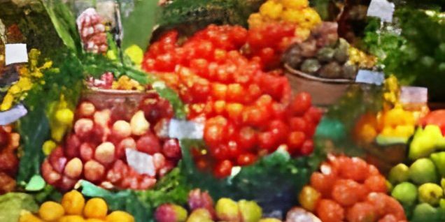 Colorful fruit display with various fruits.