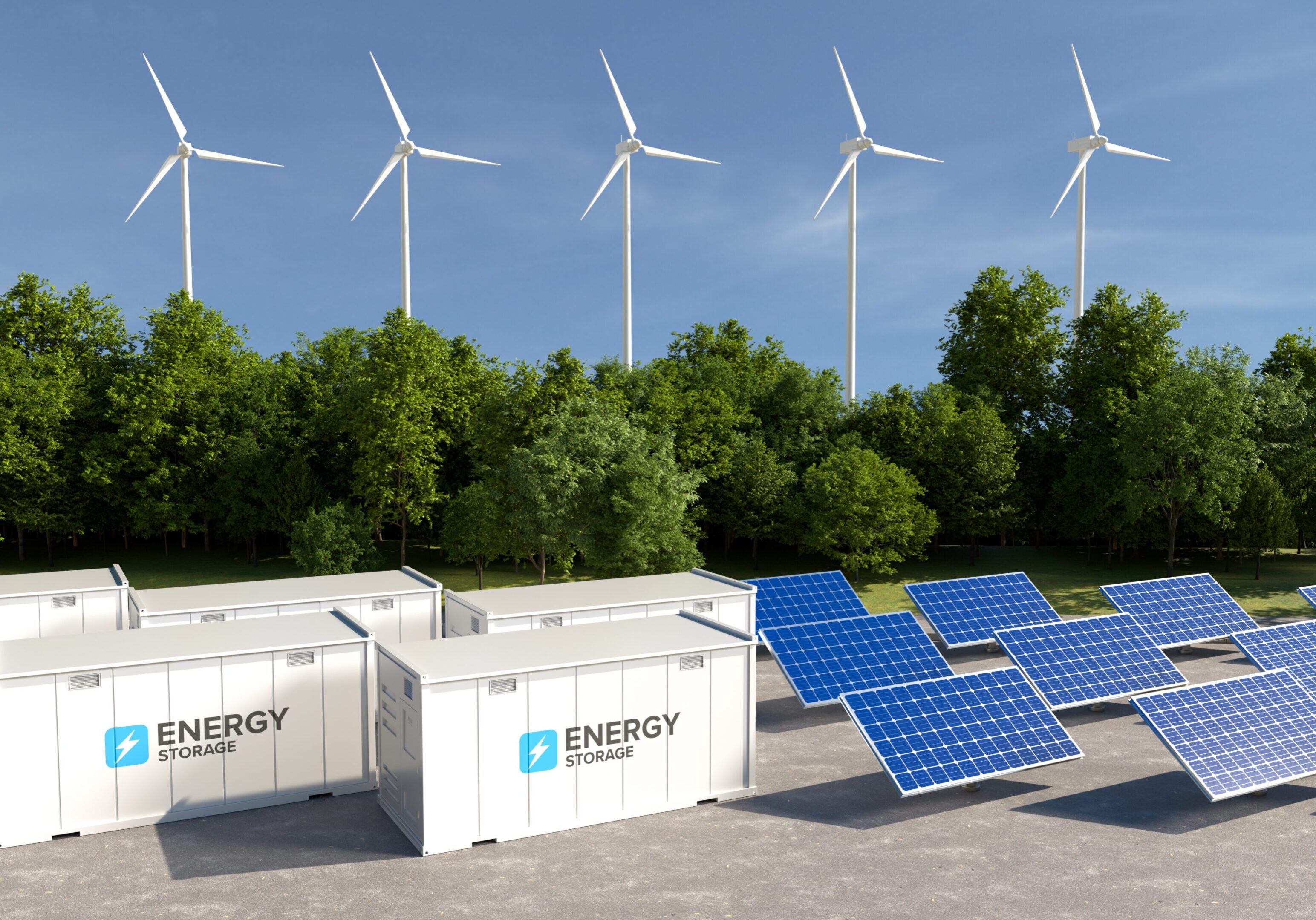 Wind turbines, solar panels, and energy storage units.
