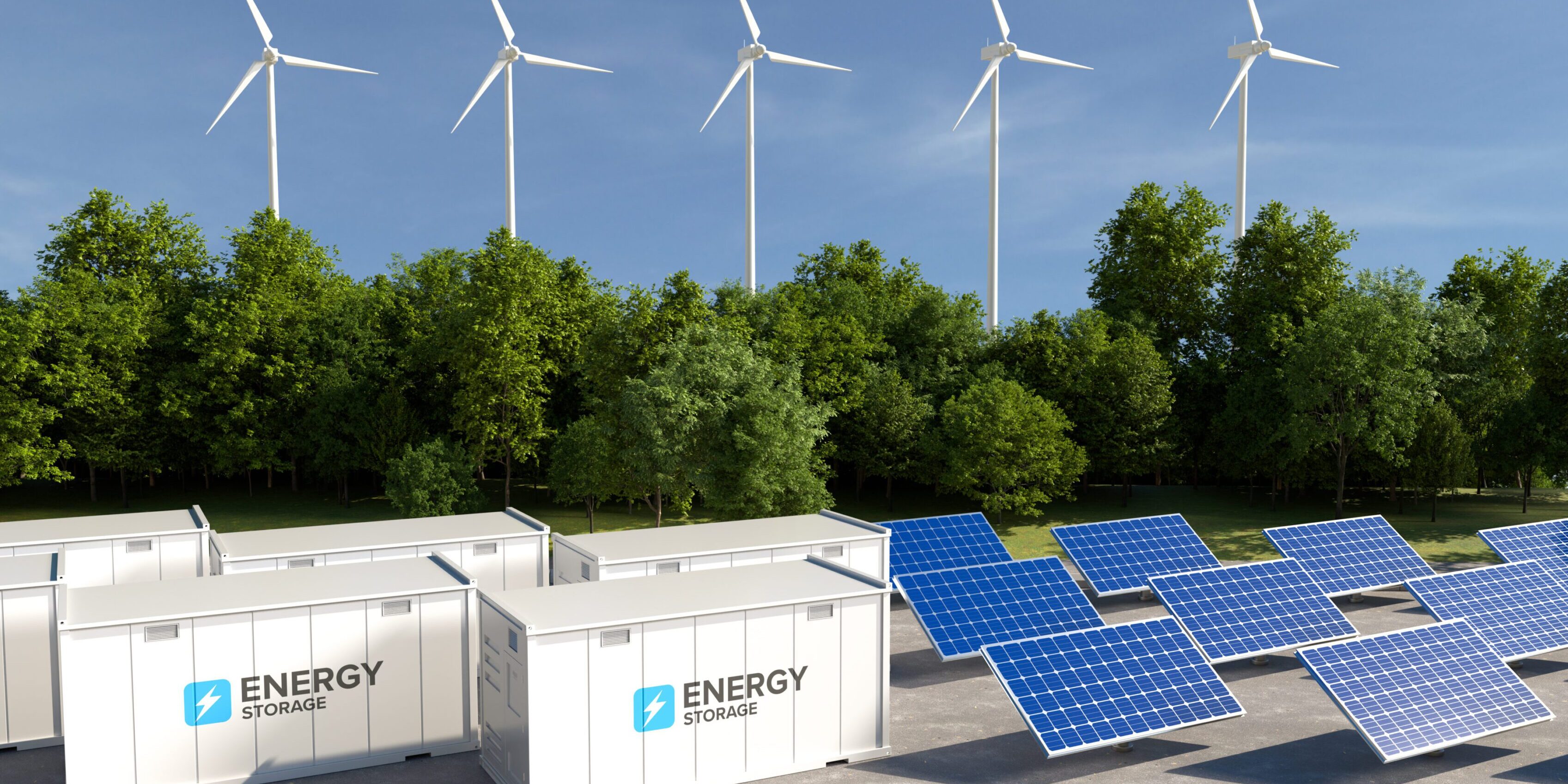 Wind turbines, solar panels, and energy storage units.