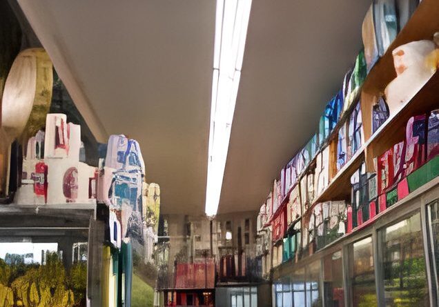 Grocery store aisle with refrigerated shelves.