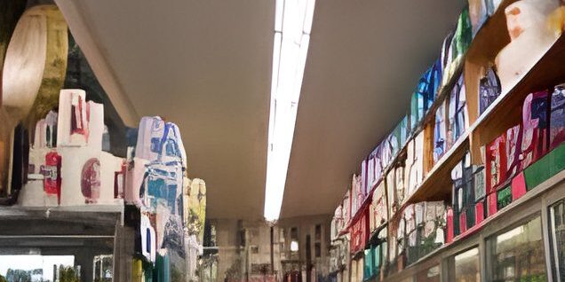 Grocery store aisle with refrigerated shelves.