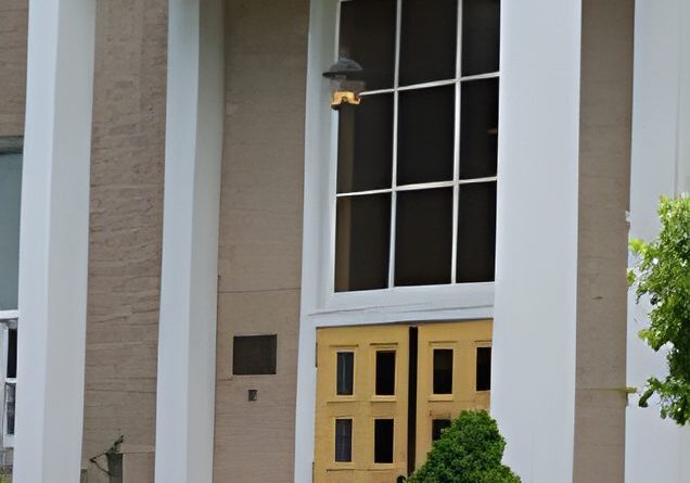 Building entrance with yellow doors and greenery.