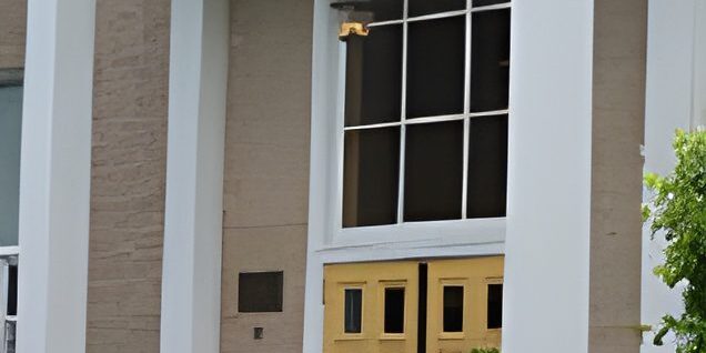 Building entrance with yellow doors and greenery.