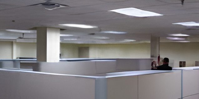 Office cubicles with fluorescent lighting overhead.