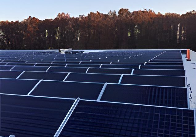 Rooftop solar panels with forest background.