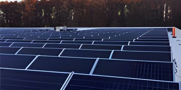Rooftop solar panels with forest background.